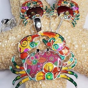 Large Colorful Red Crab Pendant Necklace Earrings Set